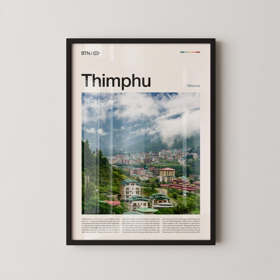Thimphu Bhutan Hillside City Clouds Editorial Travel Poster Art