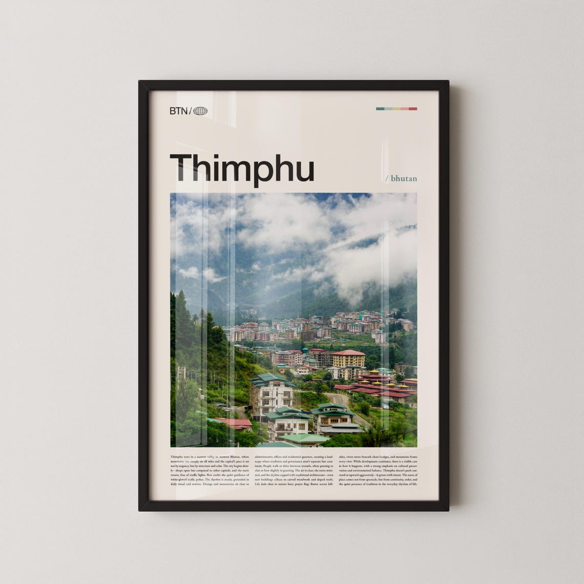 Thimphu Bhutan Hillside City Clouds Editorial Travel Poster Art