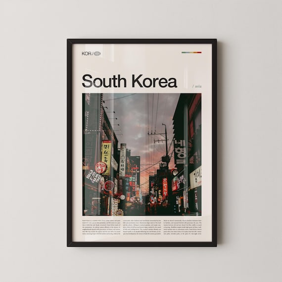South Korea Neon Street Signs Dusk Urban Cityscape Travel Poster