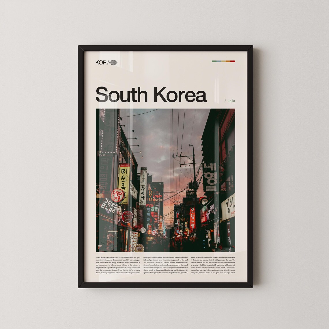 South Korea Neon Street Signs Dusk Urban Cityscape Travel Poster