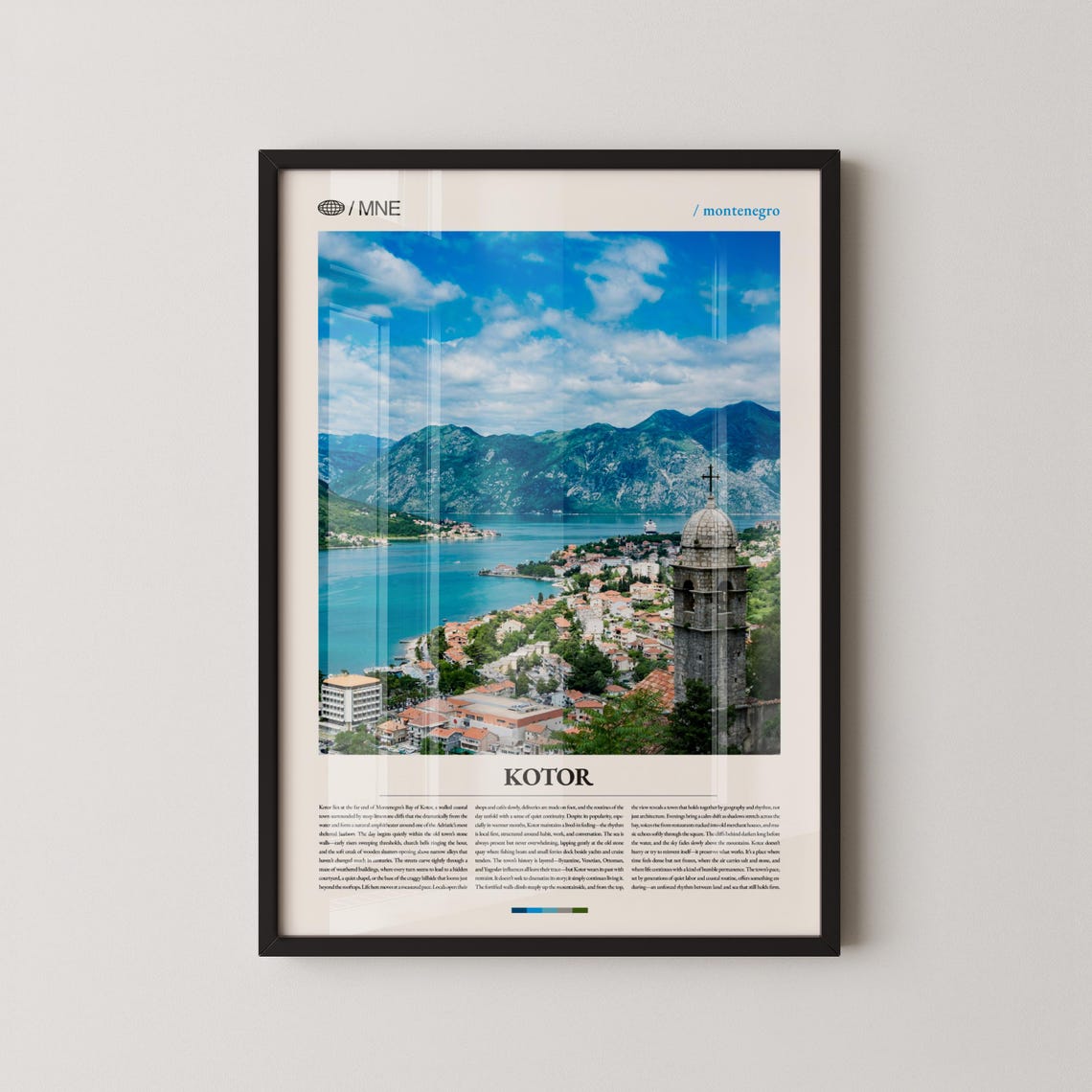 Kotor Montenegro Bay Blue Coastline Church Bell Tower Travel Poster