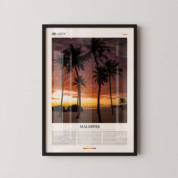Maldives Wall Art Tropical Island And Overwater Bungalow Print Poster Scenic Ocean Photography Beach Paradise Decor