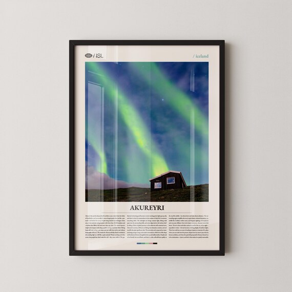 Akureyri Iceland Northern Lights Night Photography Poster Cabin