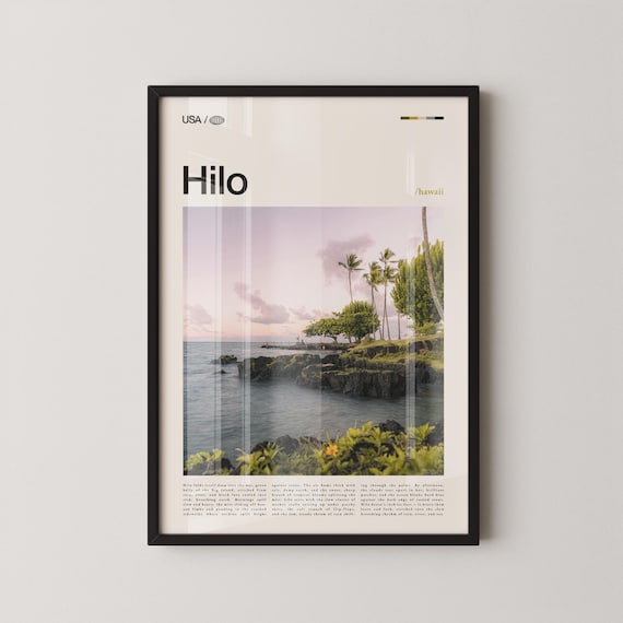 Hilo Hawaii Rocky Shoreline Palm Trees Tropical Coast Travel Poster