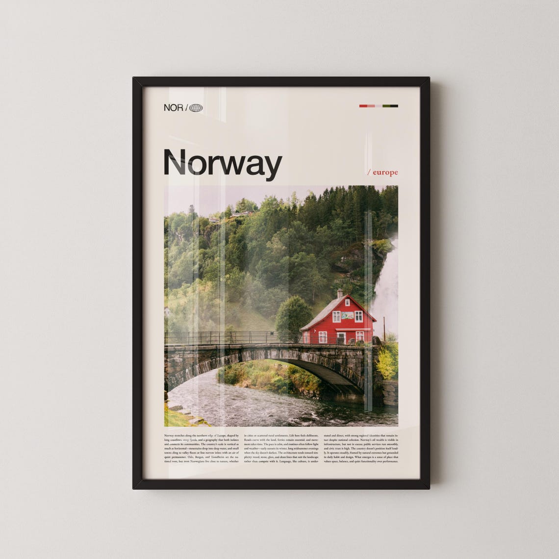 Norway Old Stone Bridge Waterfall Red Wooden House Photo Poster