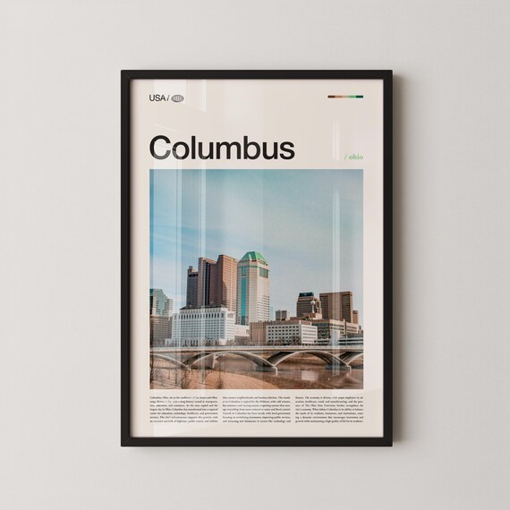 Columbus Ohio Downtown Skyline River Bridge City Travel Poster