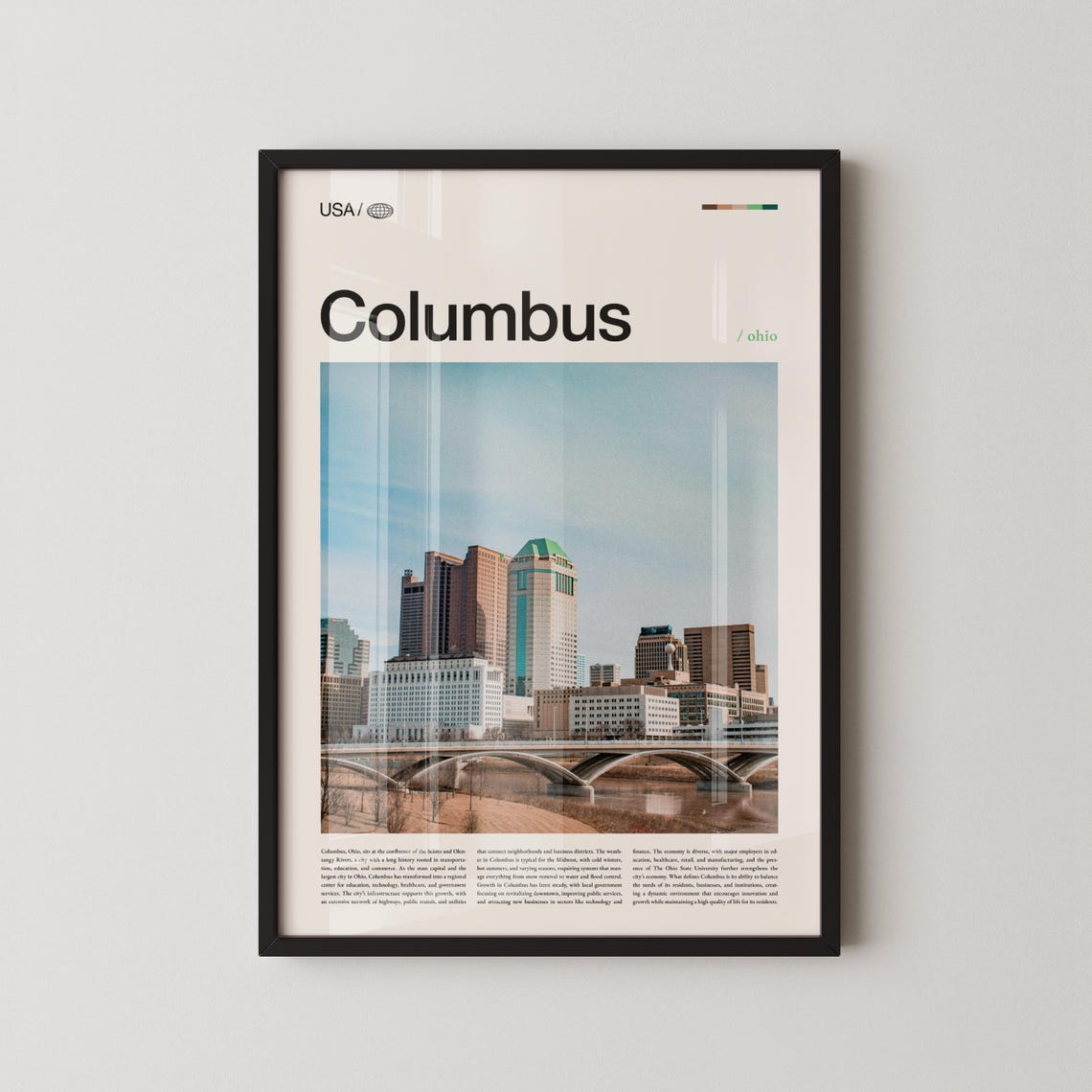 Columbus Ohio Downtown Skyline River Bridge City Travel Poster