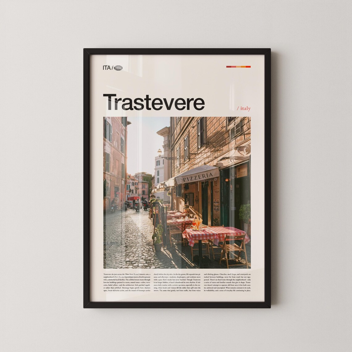 Trastevere Rome Travel Poster with Pizzeria on Cobblestone Street