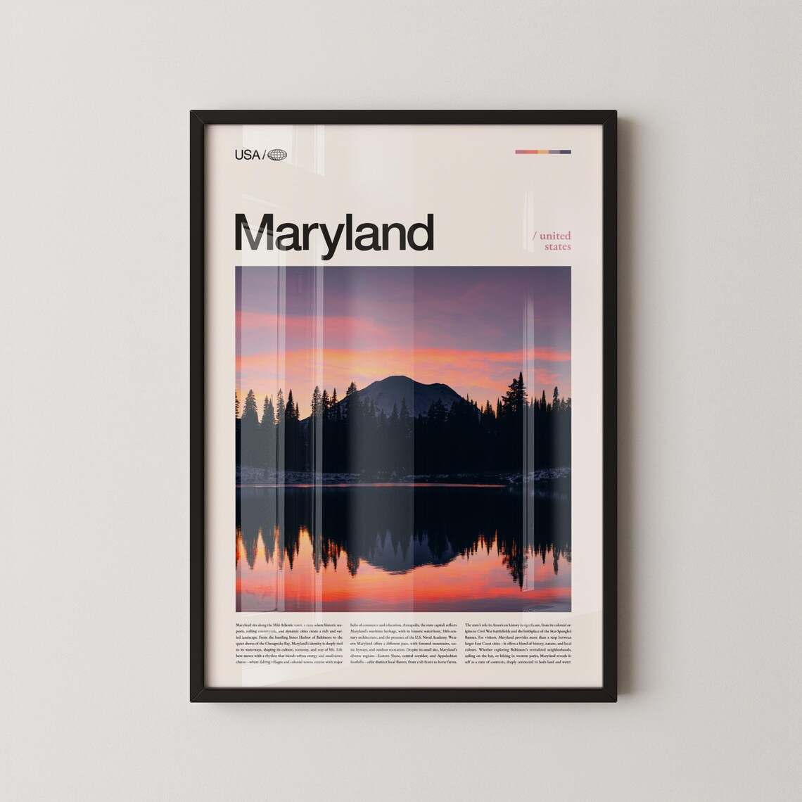 Maryland USA Sunset Mountain Lake Reflection Scenic Travel Poster