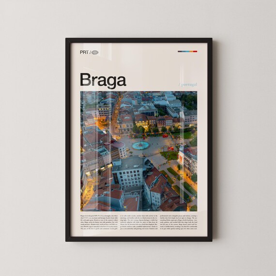 Braga Portugal Night Square Aerial View Modern Minimalist Travel Poster