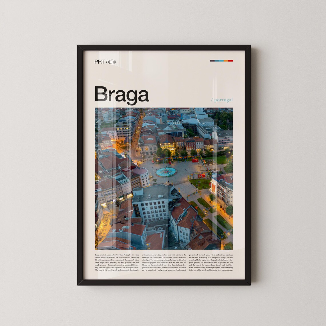 Braga Portugal Night Square Aerial View Modern Minimalist Travel Poster