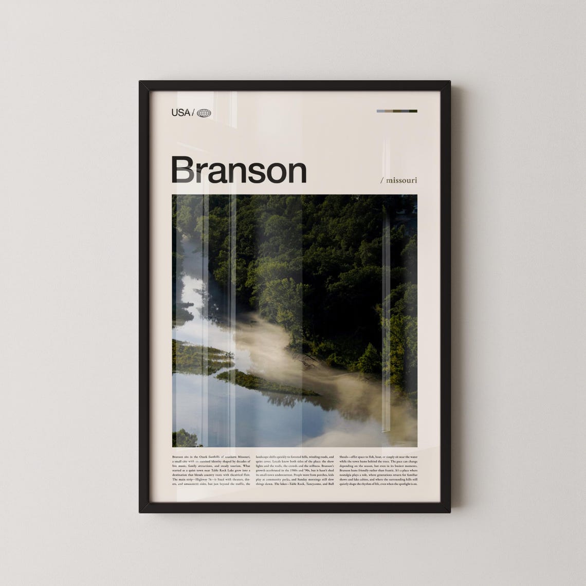 Branson Missouri Ozark River Aerial View Morning Fog Travel Poster