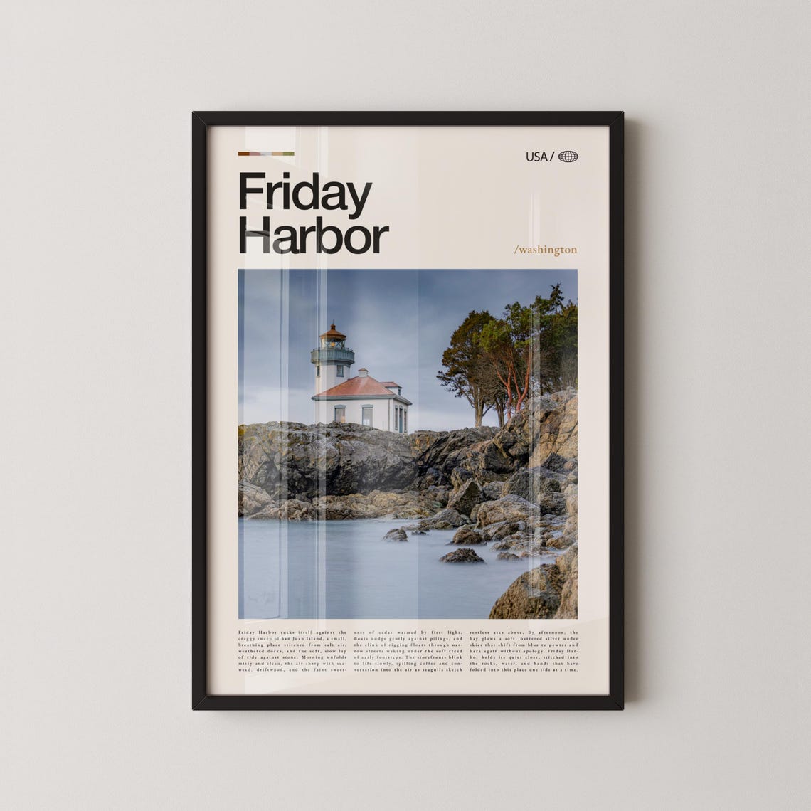 Friday Harbor Washington Lighthouse Rocky Shore Minimal Travel Poster