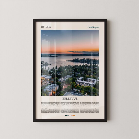 Bellevue Washington Lake Sunset Aerial Photo Travel Art Poster
