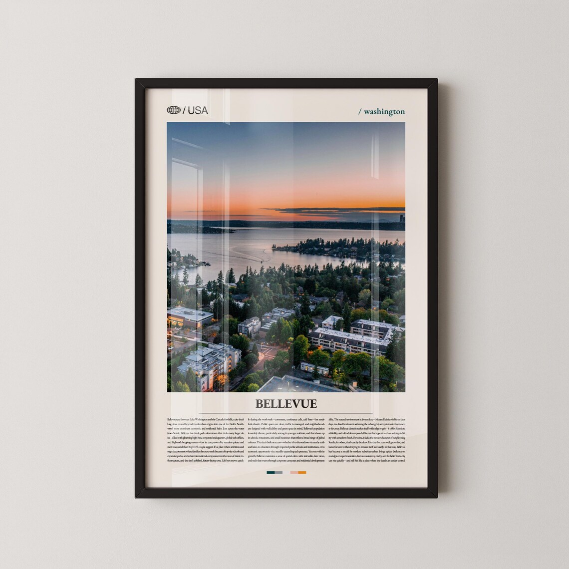 Bellevue Washington Lake Sunset Aerial Photo Travel Art Poster