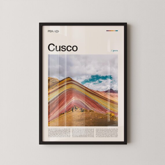 Stunning Cusco Rainbow Mountain Peru Bold Headline Travel Art Poster