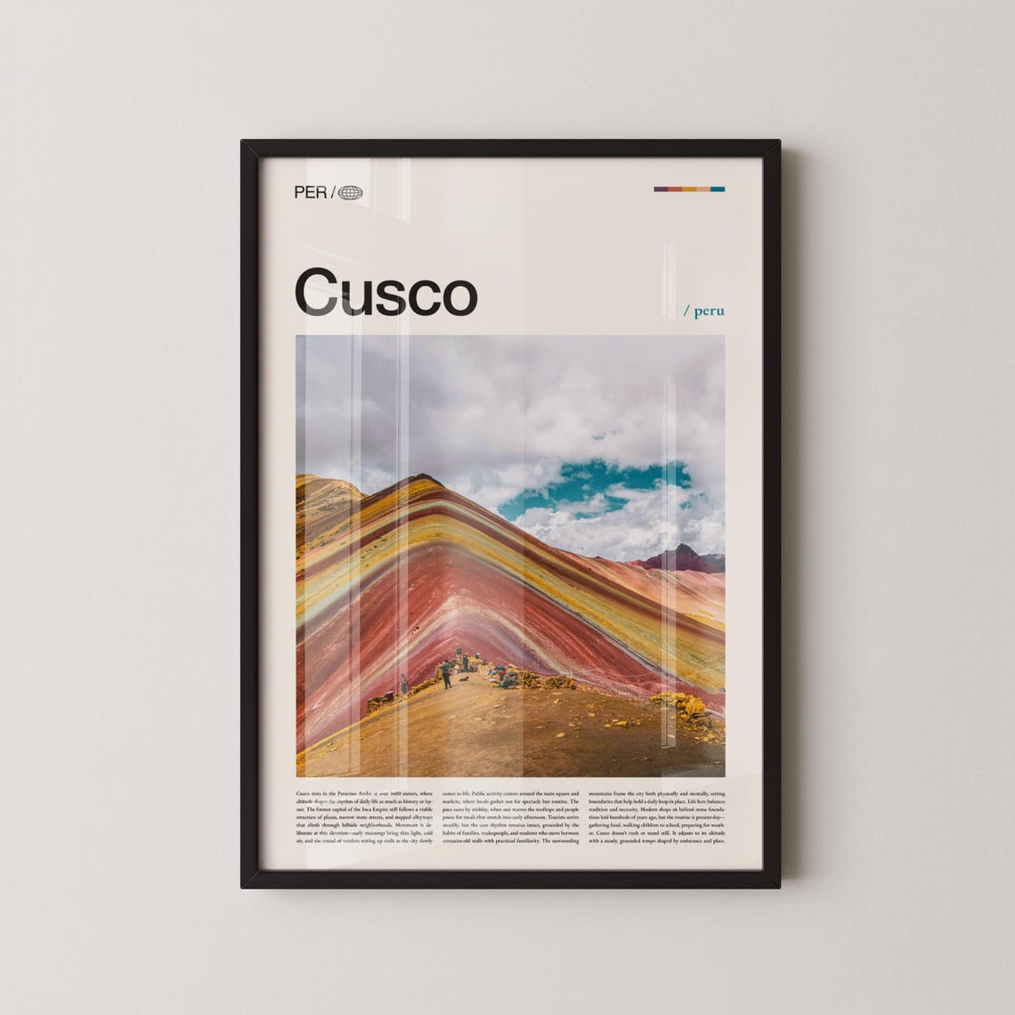 Stunning Cusco Rainbow Mountain Peru Bold Headline Travel Art Poster