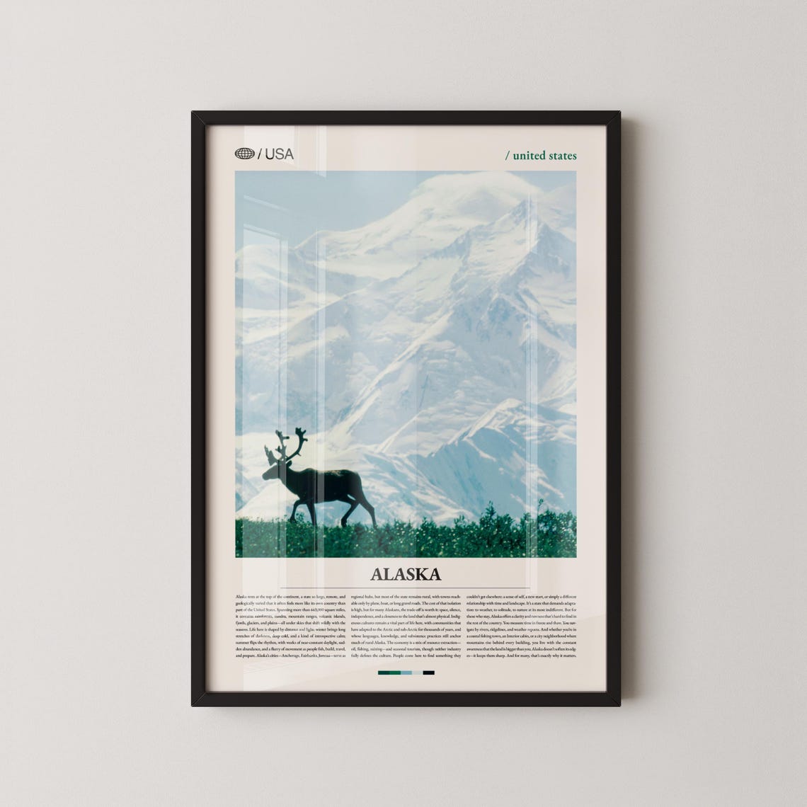 Alaska Minimalist Travel Poster Caribou Before Snowy Mountain Peak