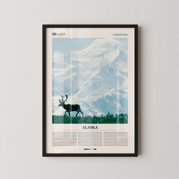 Alaska Minimalist Travel Poster Caribou Before Snowy Mountain Peak