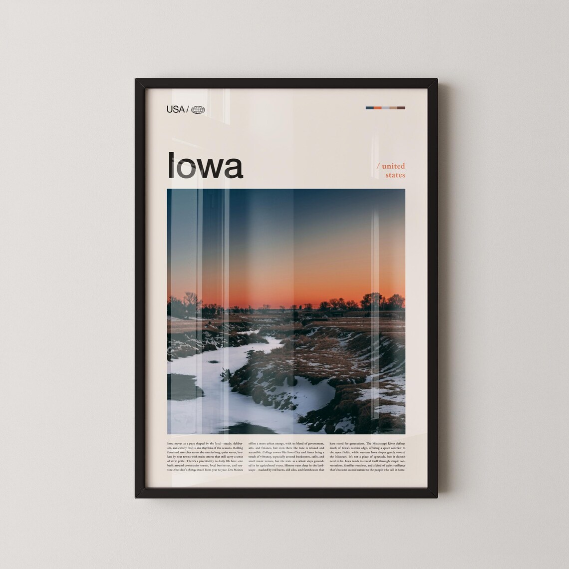 Iowa Sunset Winter Farmland Landscape Editorial Travel Poster