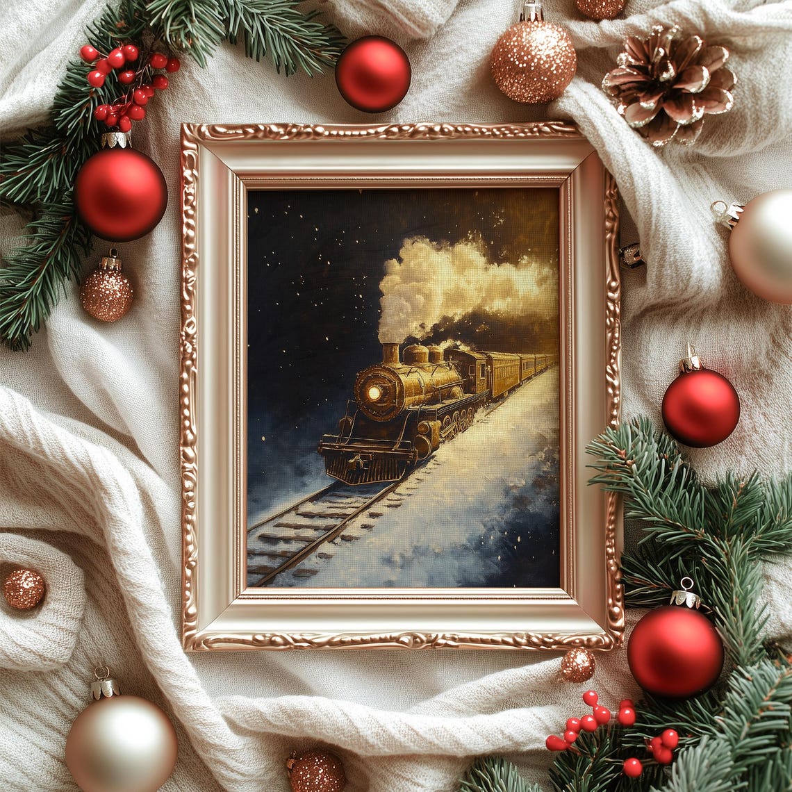 Vintage Golden Steam Train Night Poster Snowy Winter Railway Scene - Image 3