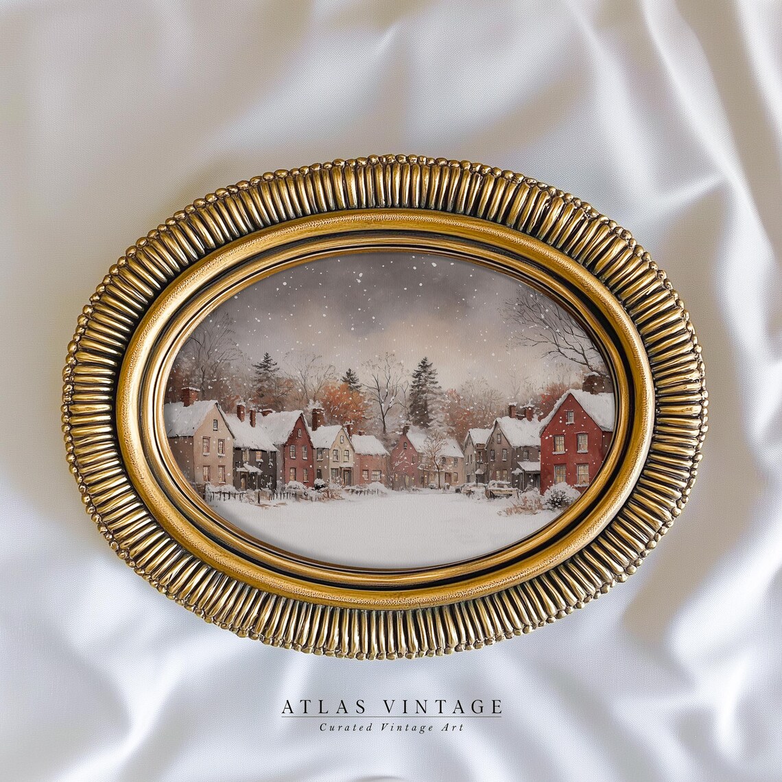 Snowy Colonial Village Street Falling Snow Winter Landscape Poster - Image 3