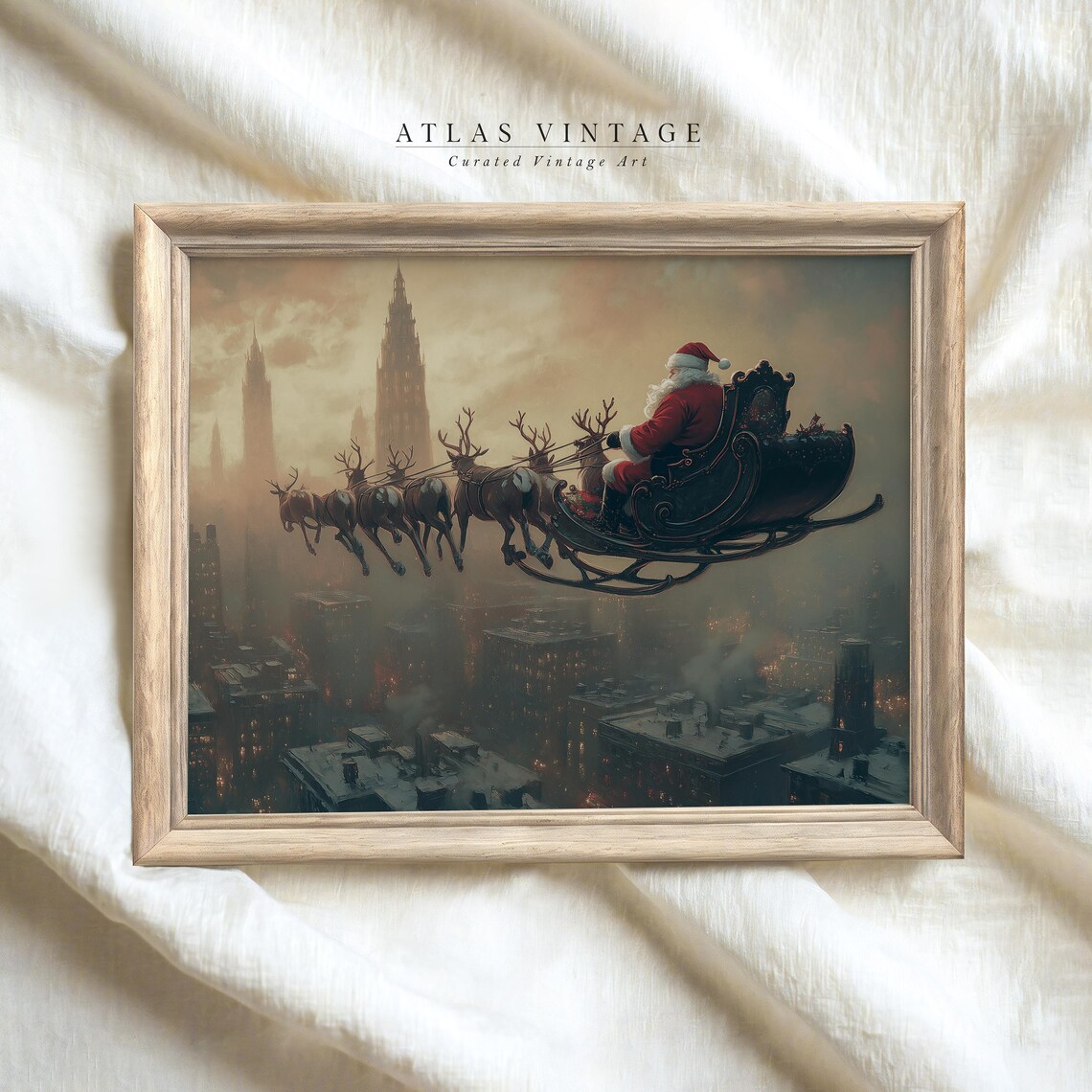 Santa Sleigh Over City Rooftops Reindeer Christmas Night Poster - Image 4