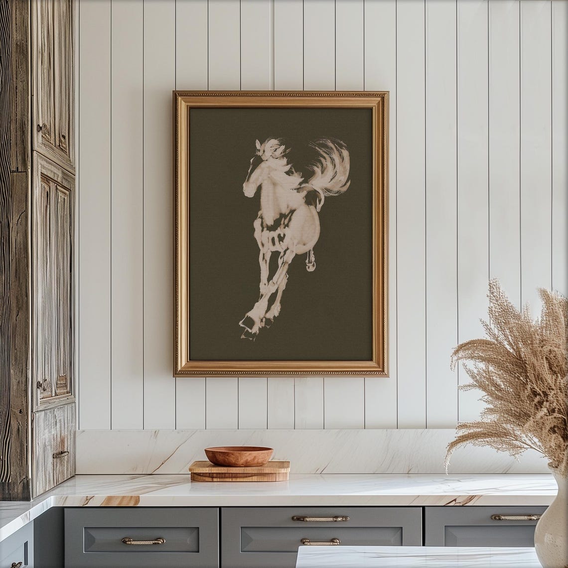 White Horse Sketch on Dark Olive Vintage Minimalist Equine Art Poster - Image 5