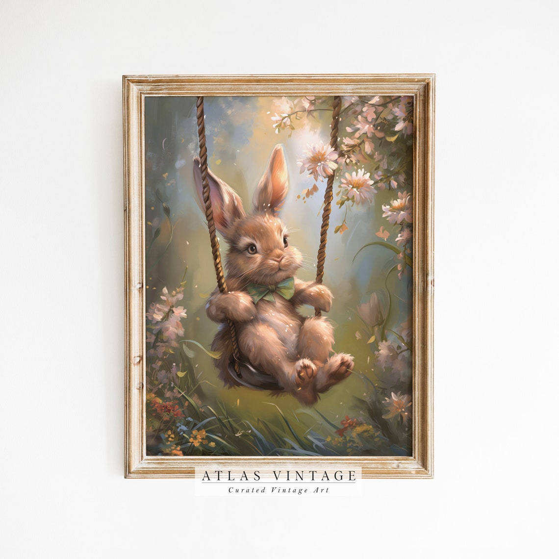 Cute Baby Bunny on a Rope Swing in a Spring Flower Garden Poster
