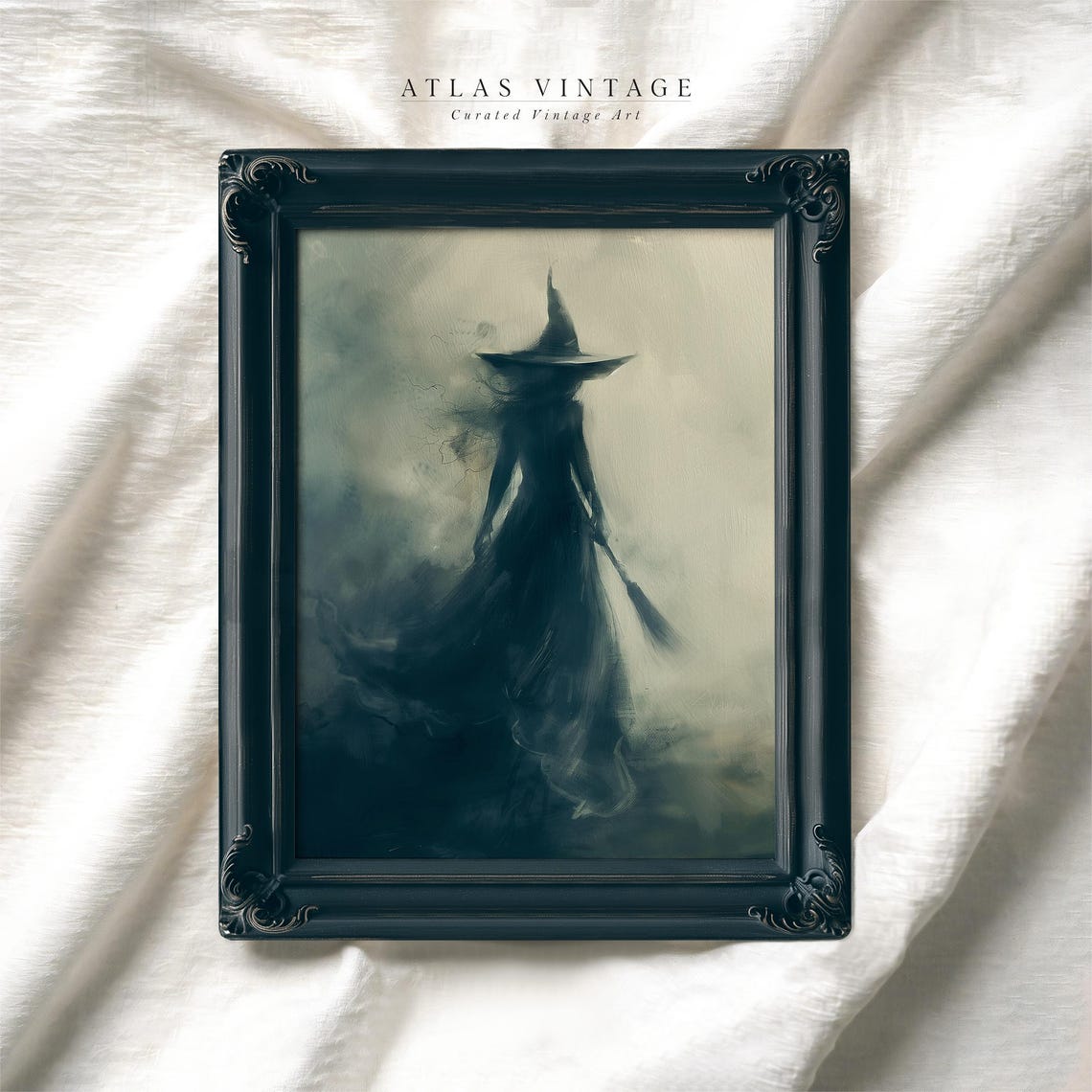Misty Witch Silhouette Holding Broom in Fog Dark Halloween Poster - Image 8