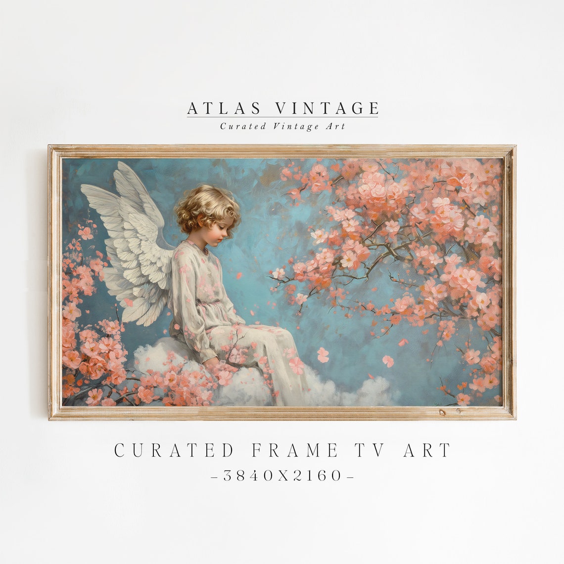 Angel Child Among Cherry Blossoms Teal Sky Vintage Frame TV Wall Art