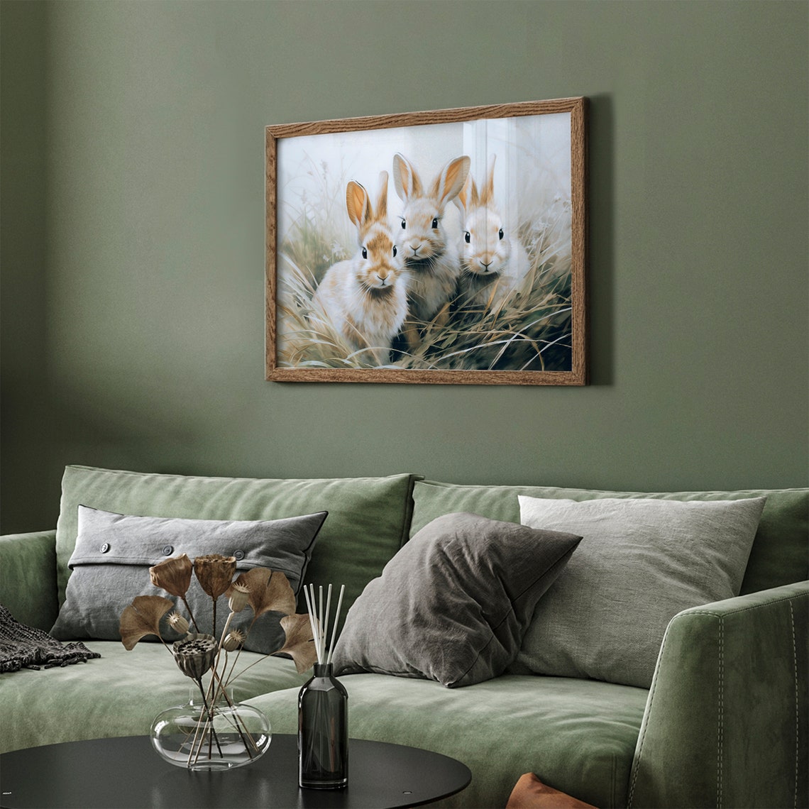 Three Spring Bunnies Tall Grass Vintage Rabbit Meadow Painting Poster - Image 3