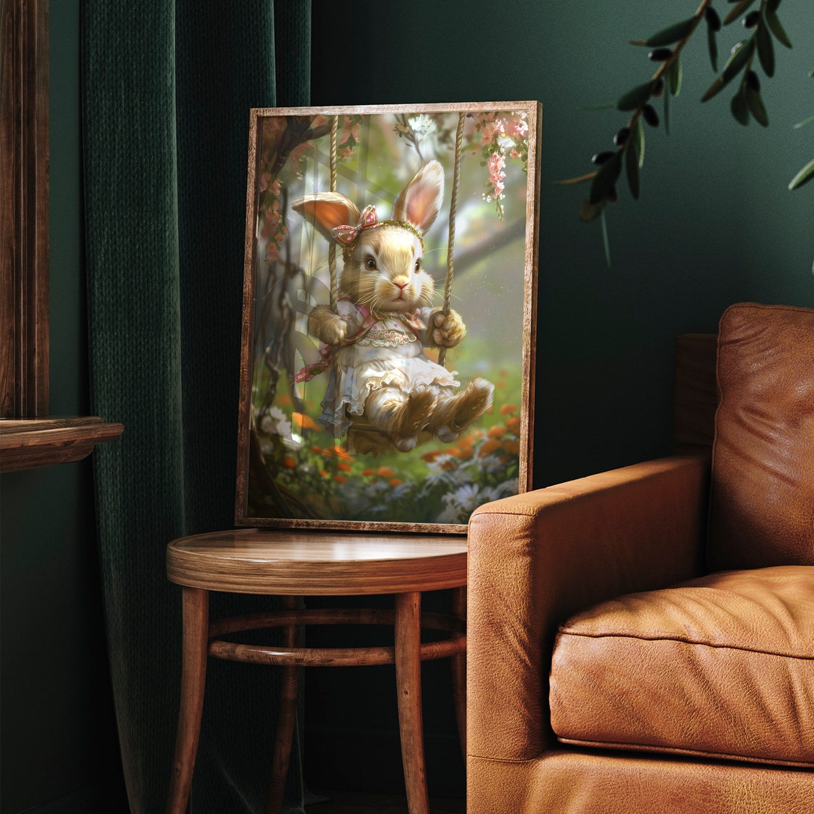 Cute Bunny on a Swing Among Pink Blossoms Spring Nursery Rabbit Poster - Image 7