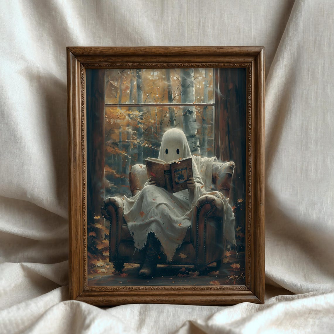Vintage Halloween Cute Ghost Reading A Book Print Spooky Dark Academia Painting Funny Autumn Decor Gothic Fall Wall Art - Image 5