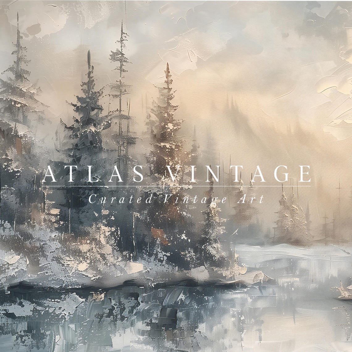 Misty Winter Pine Forest Frozen Lake Reflection Painting Poster - Image 7