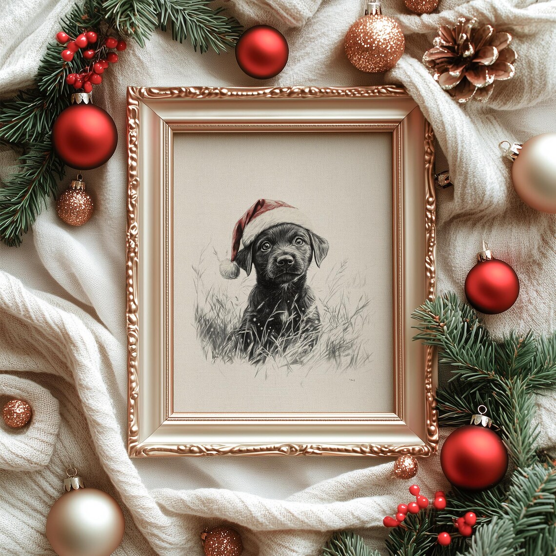 Black Puppy in Santa Hat Christmas Sketch Poster Cute Dog Portrait