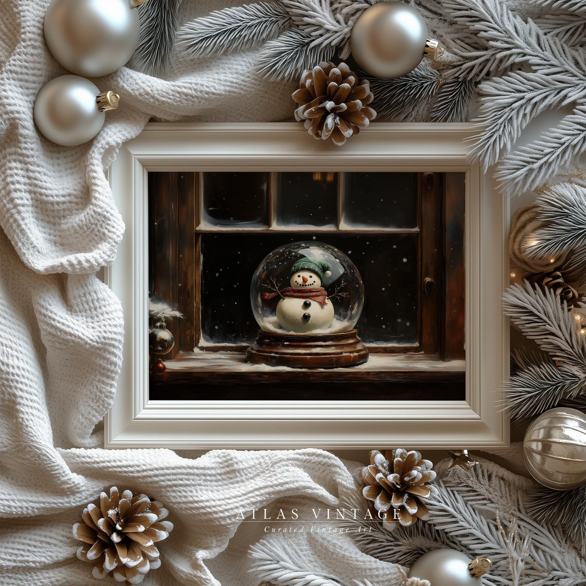 Snowman Snow Globe on Windowsill Vintage Christmas Night Art Poster - Image 6