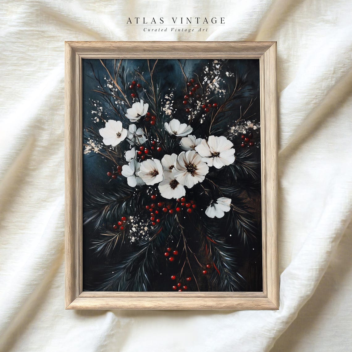 Dark Moody Winter Florals White Blooms Red Berries Evergreen Poster - Image 5