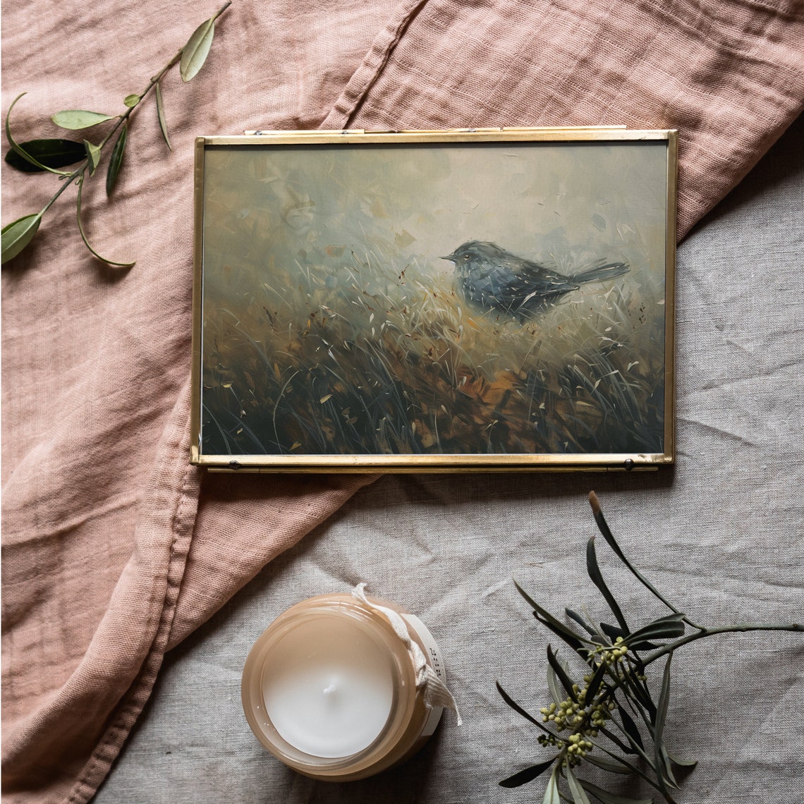 Moody Neutral Bird Painting Dark Little Bird in Tall Grass Art Poster - Image 3