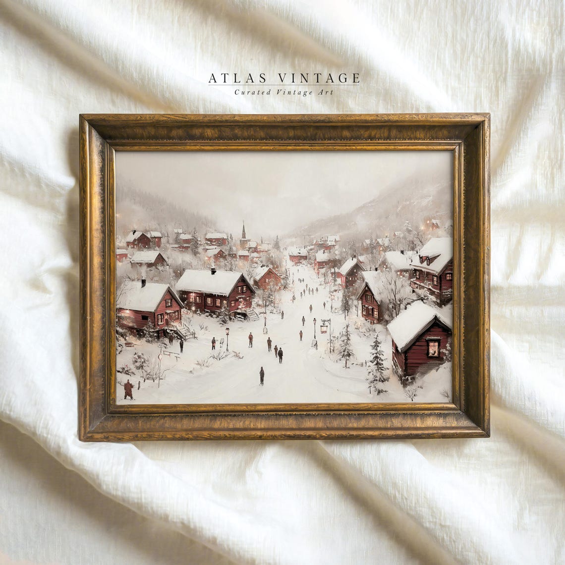 Snowy Red Cabin Village Oval Painting Winter Holiday Scene Poster - Image 6