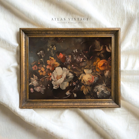 Moody Autumn Bloom Arrangement Dark Vintage Floral Painting Poster
