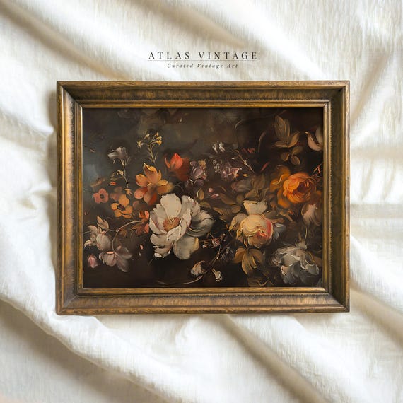 Vintage Autumn Floral Print Dark Fall Flower Painting Moody Botanical Room Decor Thanksgiving Wall Art