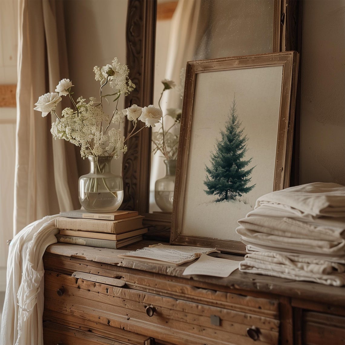 Snowy Spruce Tree Winter Minimalist Painting Neutral Holiday Wall Art - Image 5