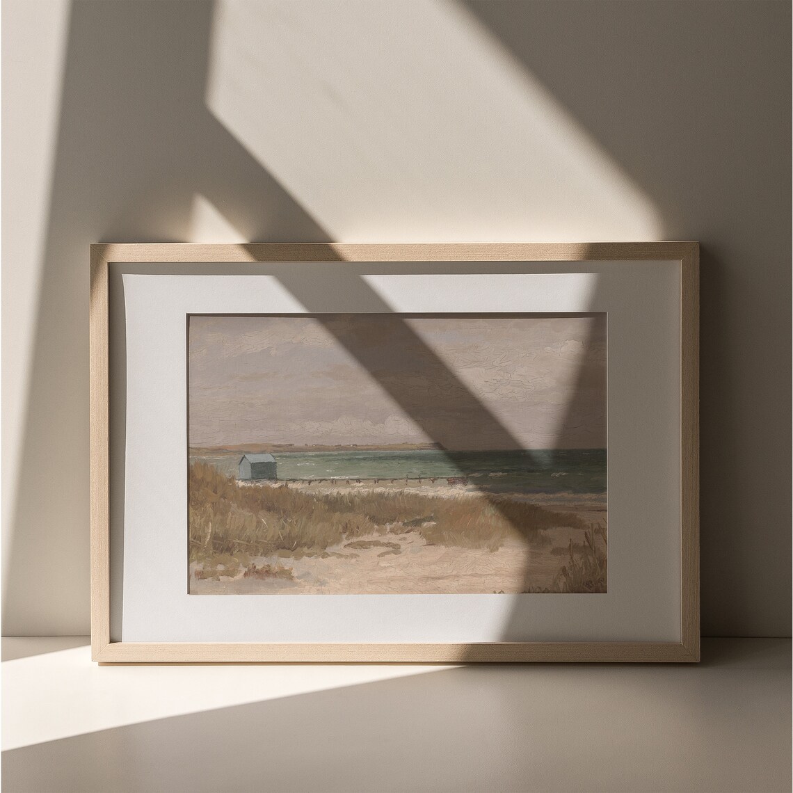Tiny Vintage Beach House Dune Grass Green Sea Muted Coastal Painting Poster - Image 5