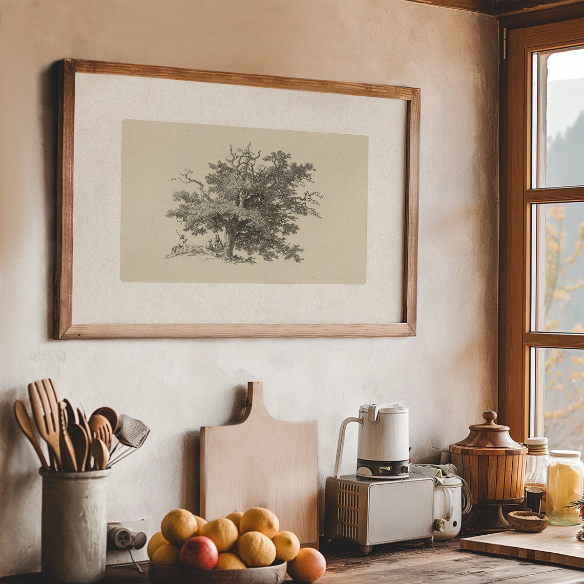 Antique Tree Etching Resting Figures Sepia Sketch Landscape Poster - Image 6