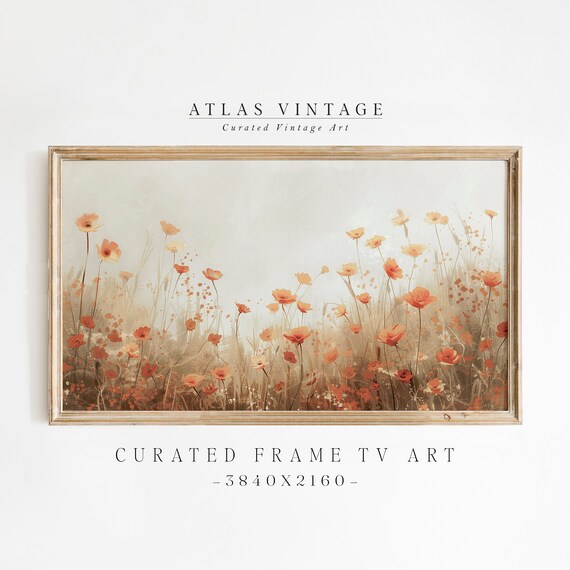Coral Poppy Wildflower Field Frame TV Art Warm Sunset Spring Meadow Poster