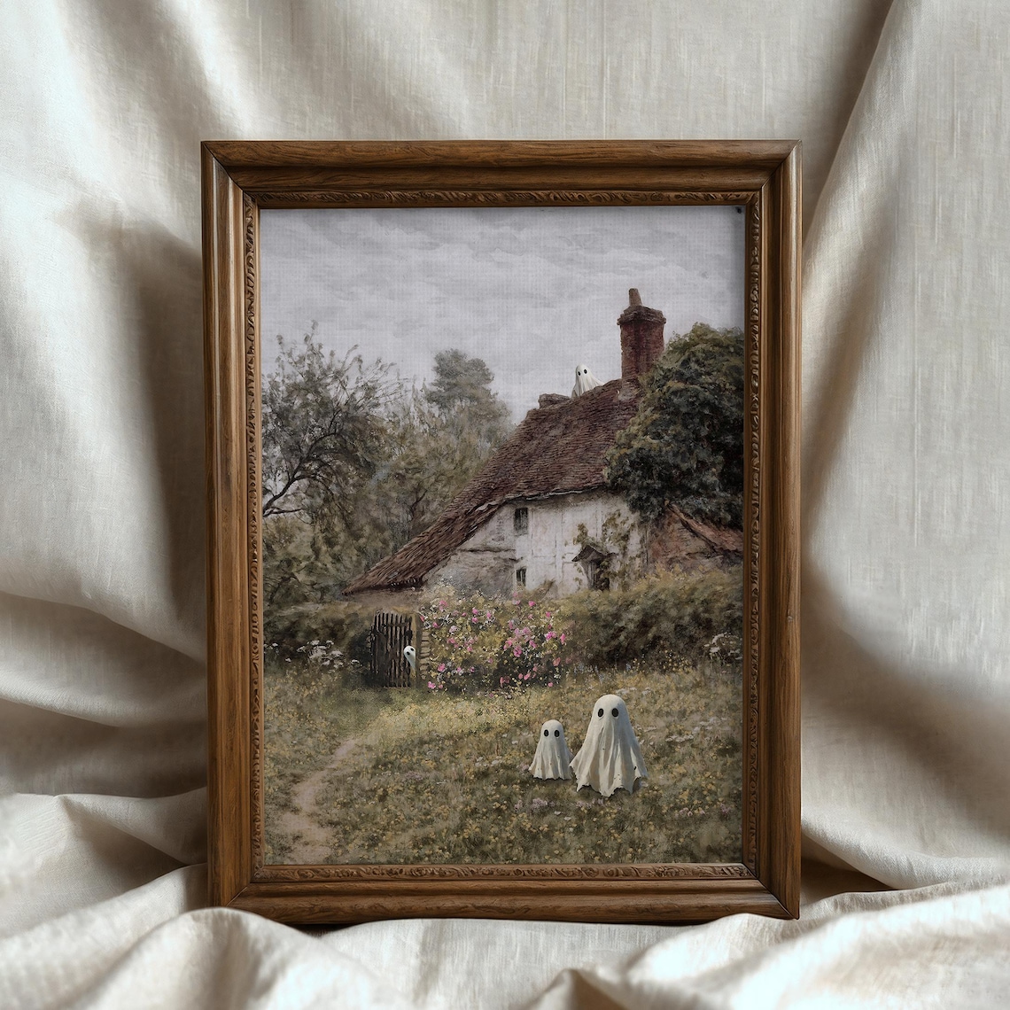 Cute Sheet Ghosts Rustic Country Cottage Autumn Garden Halloween Poster - Image 3