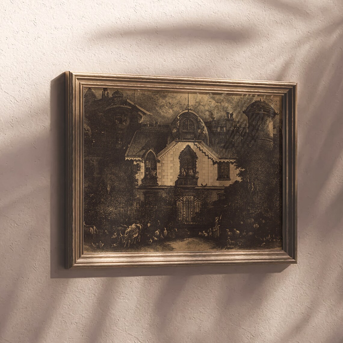 Dark Gothic Manor House Etching Haunted Mansion Vintage Halloween Wall Art - Image 6
