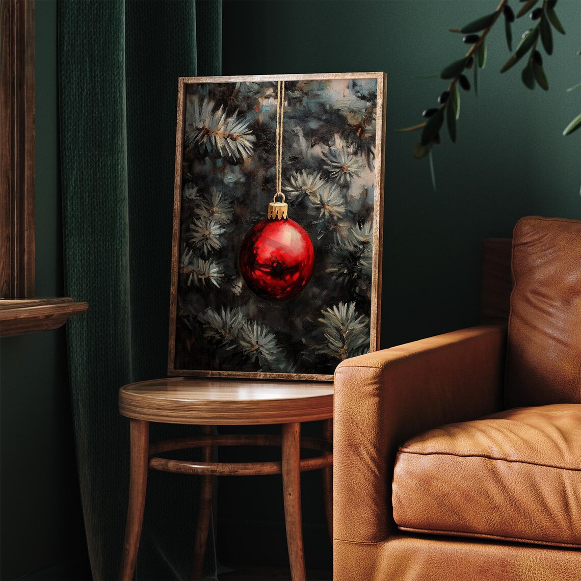 Red Christmas Bauble on Snowy Pine Vintage Oil Painting Poster - Image 5