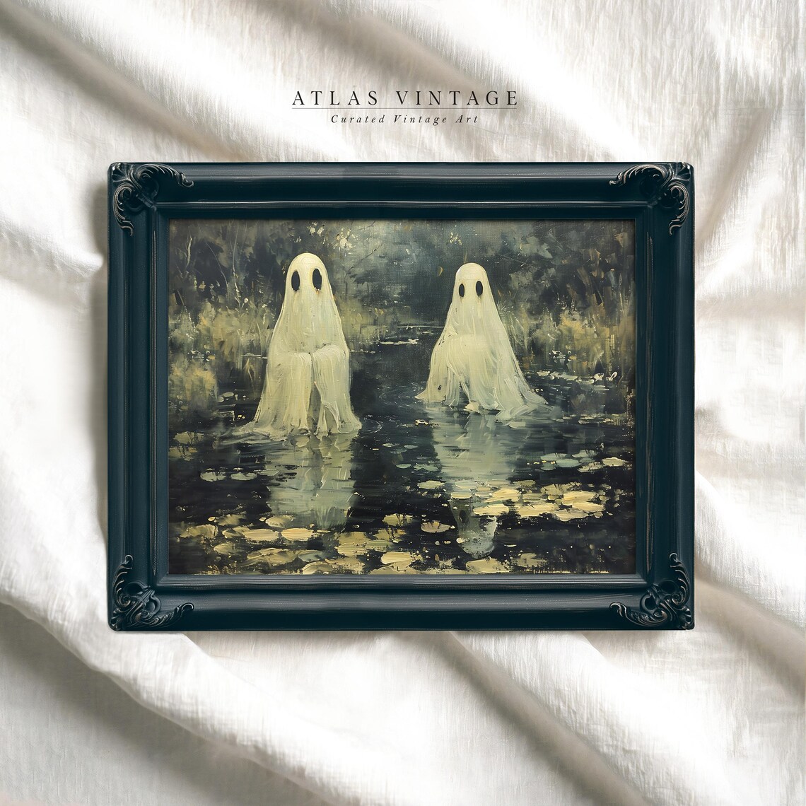 Two Sheet Ghosts Dark Lily Pond Moonlit Spooky Halloween Painting Poster - Image 5